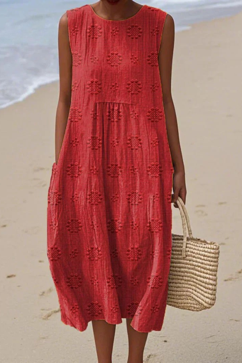 Mia – Damen Ärmelloses Midi Strandkleid mit Strukturmuster