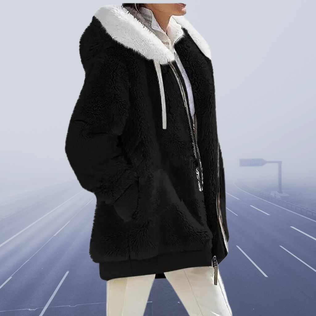 Elisa - Damen Teddyfelljacke mit Kapuze und Reißverschluss