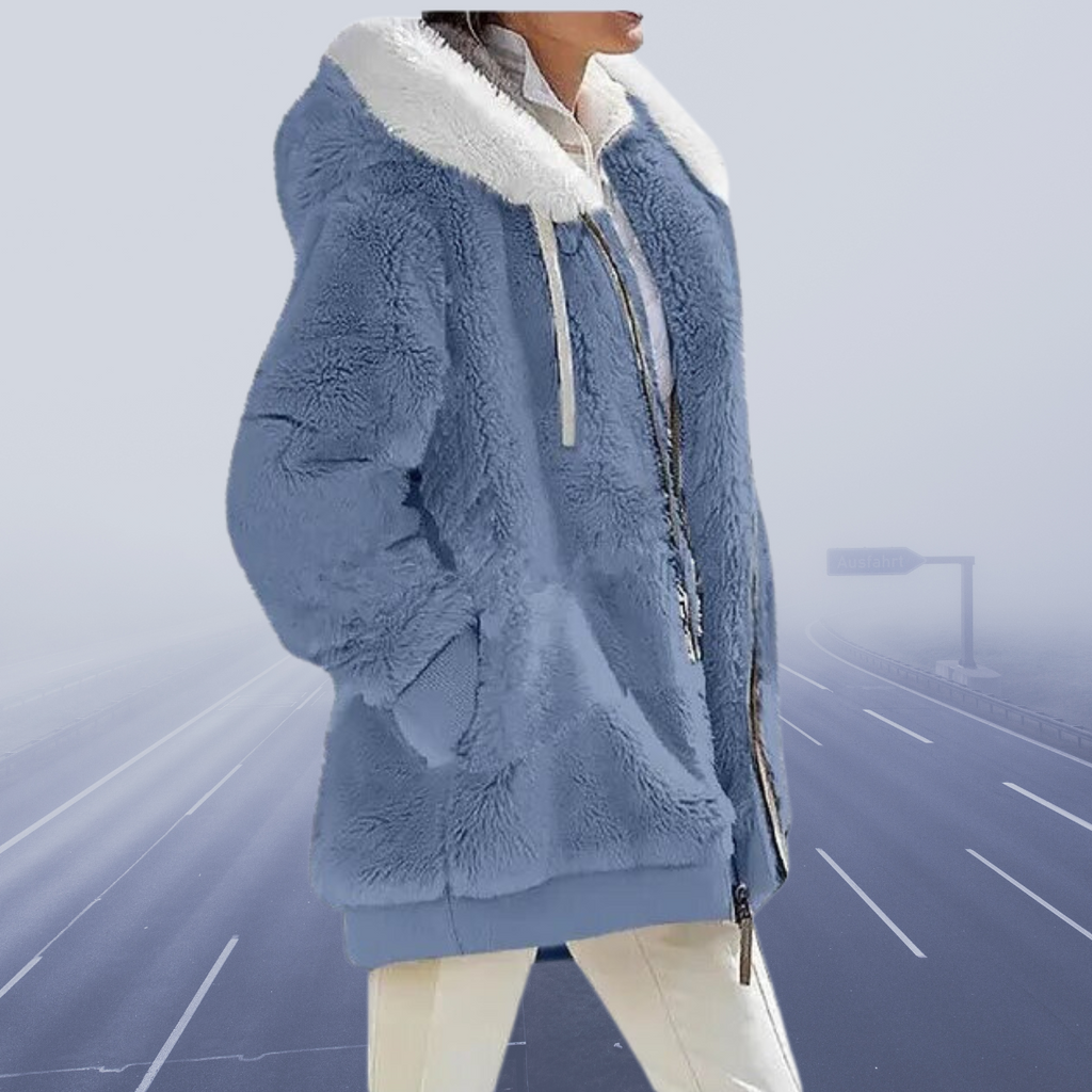 Elisa - Damen Teddyfelljacke mit Kapuze und Reißverschluss