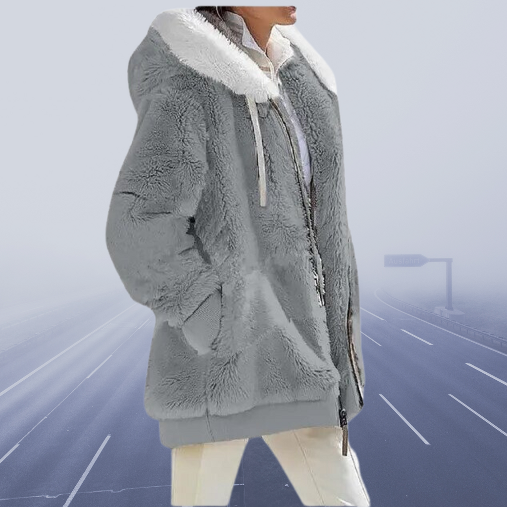 Elisa - Damen Teddyfelljacke mit Kapuze und Reißverschluss