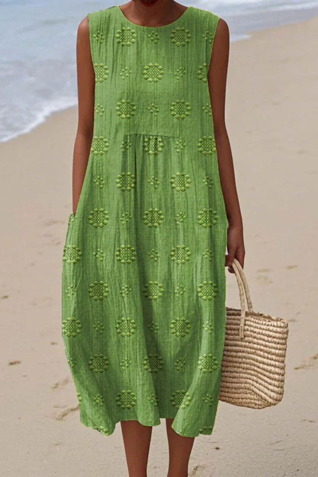 Mia – Damen Ärmelloses Midi Strandkleid mit Strukturmuster