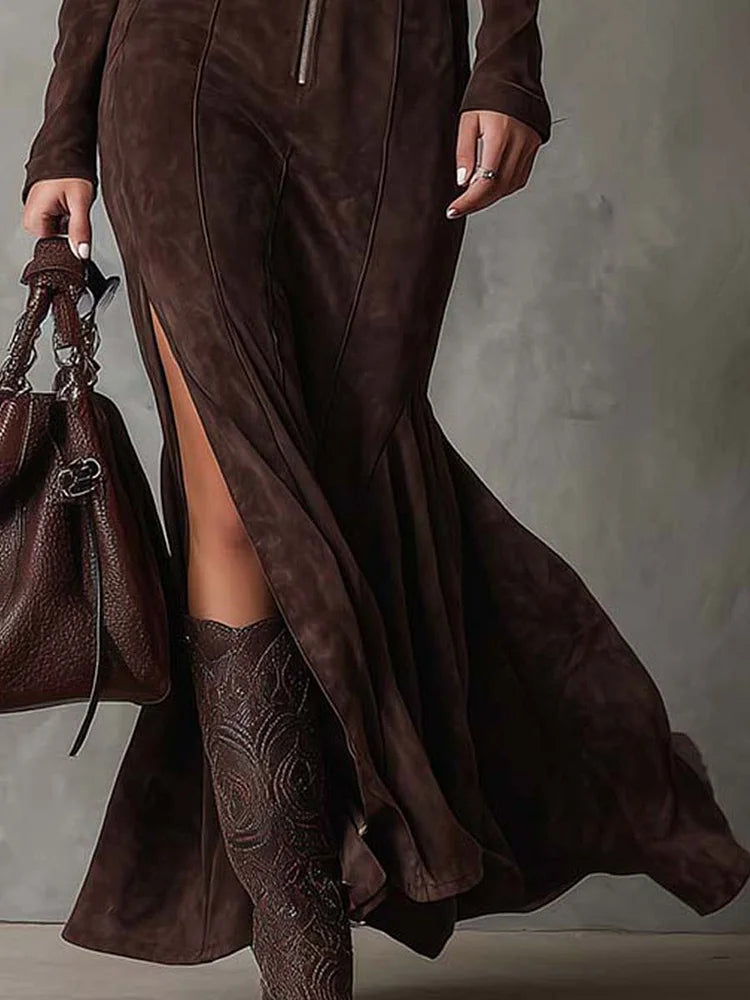 Laura – Figurbetontes Damen Maxikleid mit Reißverschluss & Taillengürtel