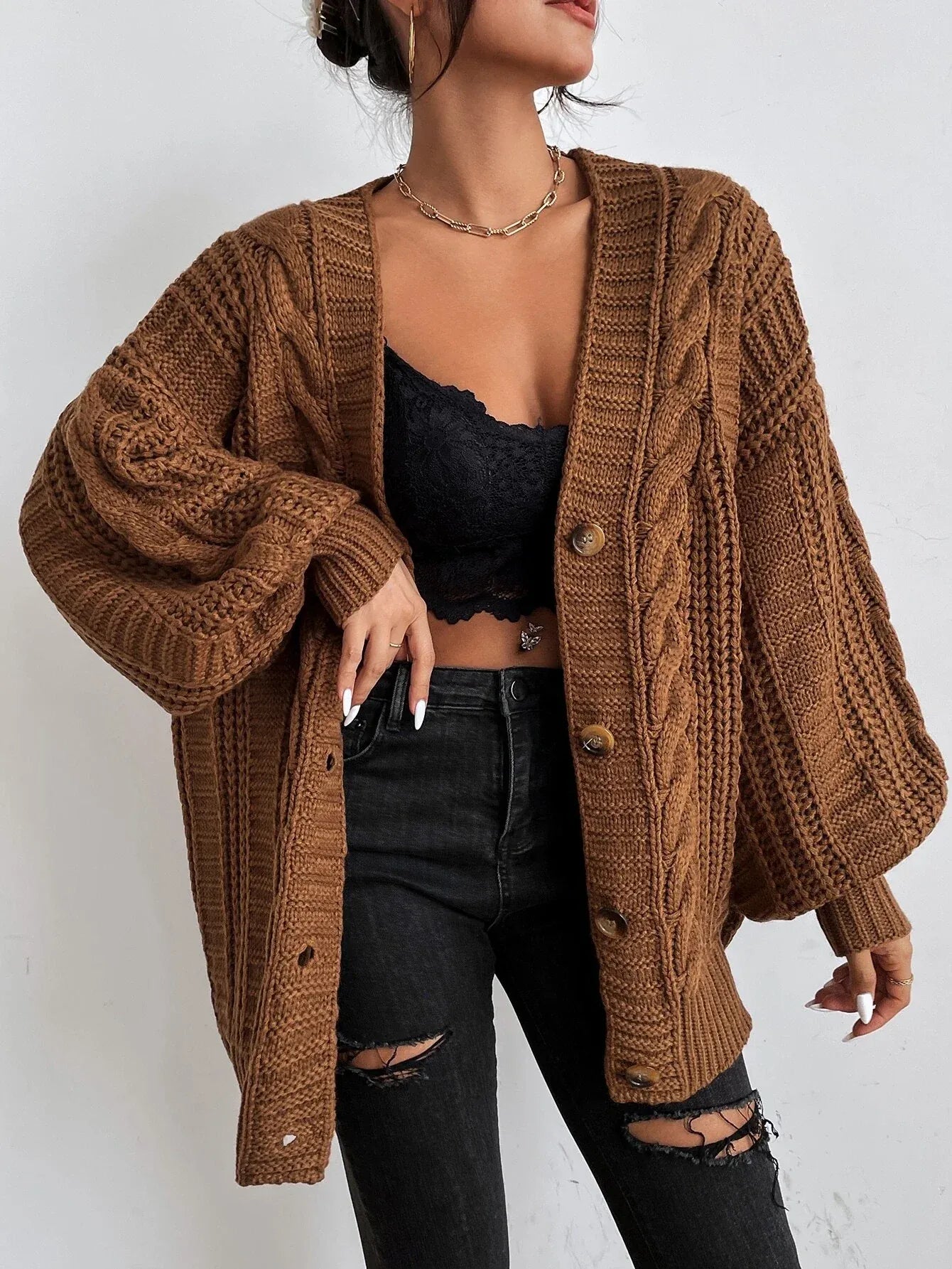 Lucía – Damen Zopfstrick Strickjacke Mit Knopfleiste