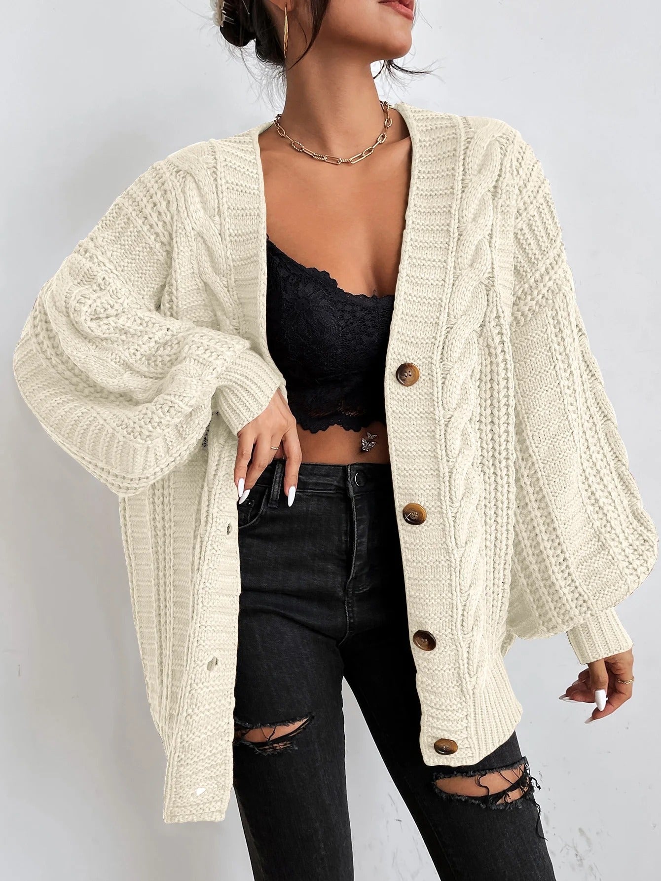 Lucía – Damen Zopfstrick Strickjacke Mit Knopfleiste