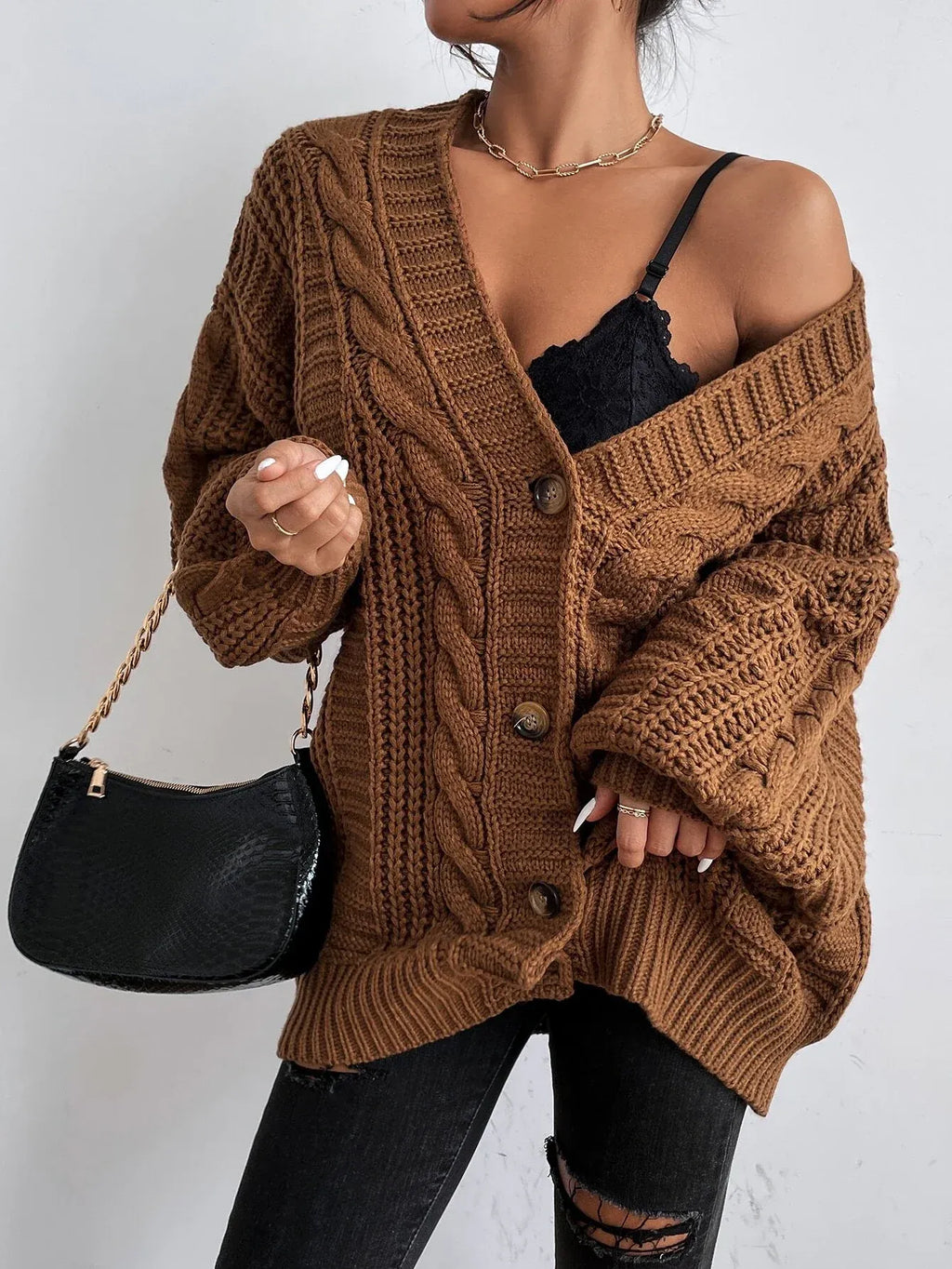 Lucía – Damen Zopfstrick Strickjacke Mit Knopfleiste
