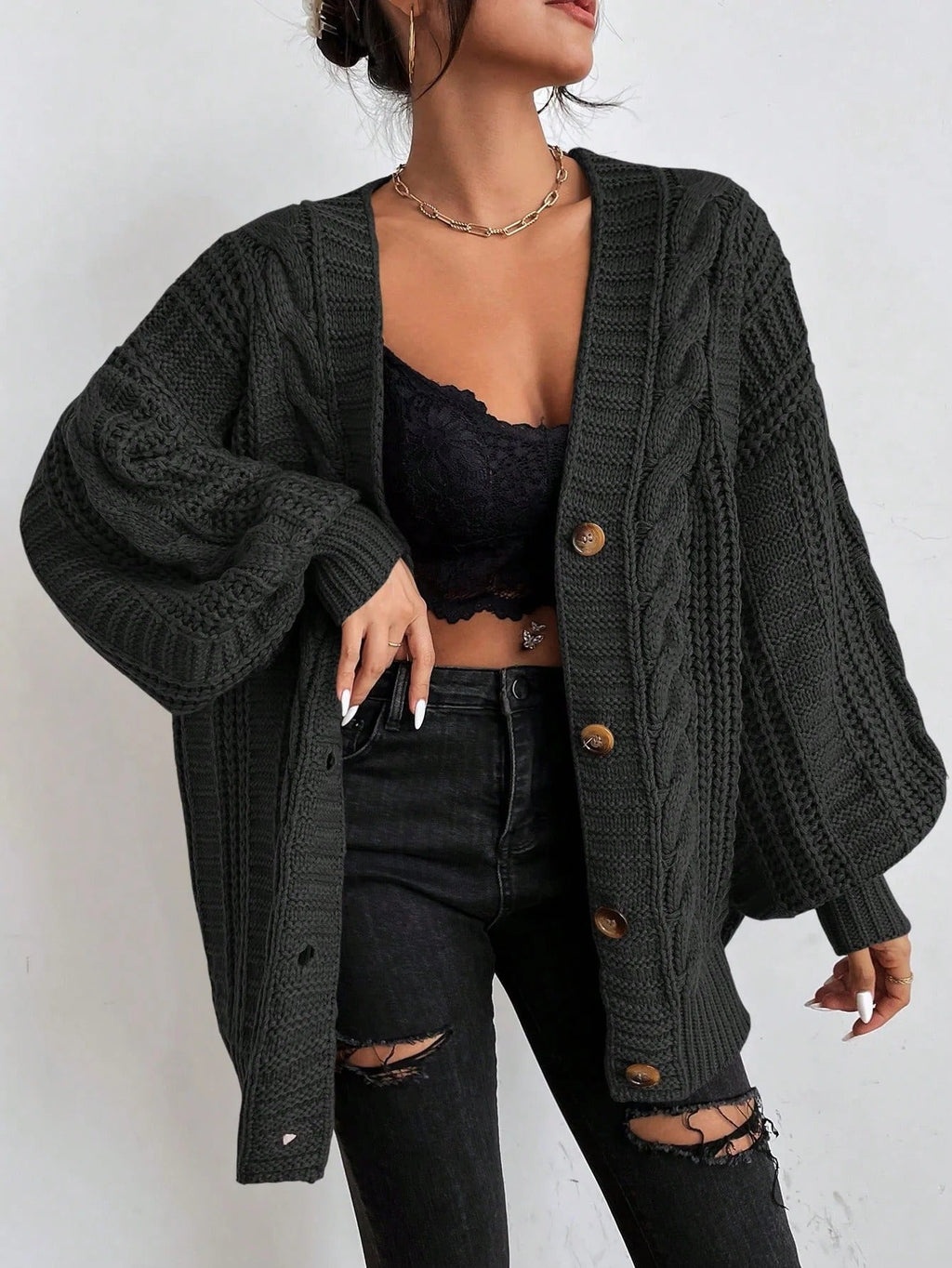Lucía – Damen Zopfstrick Strickjacke Mit Knopfleiste