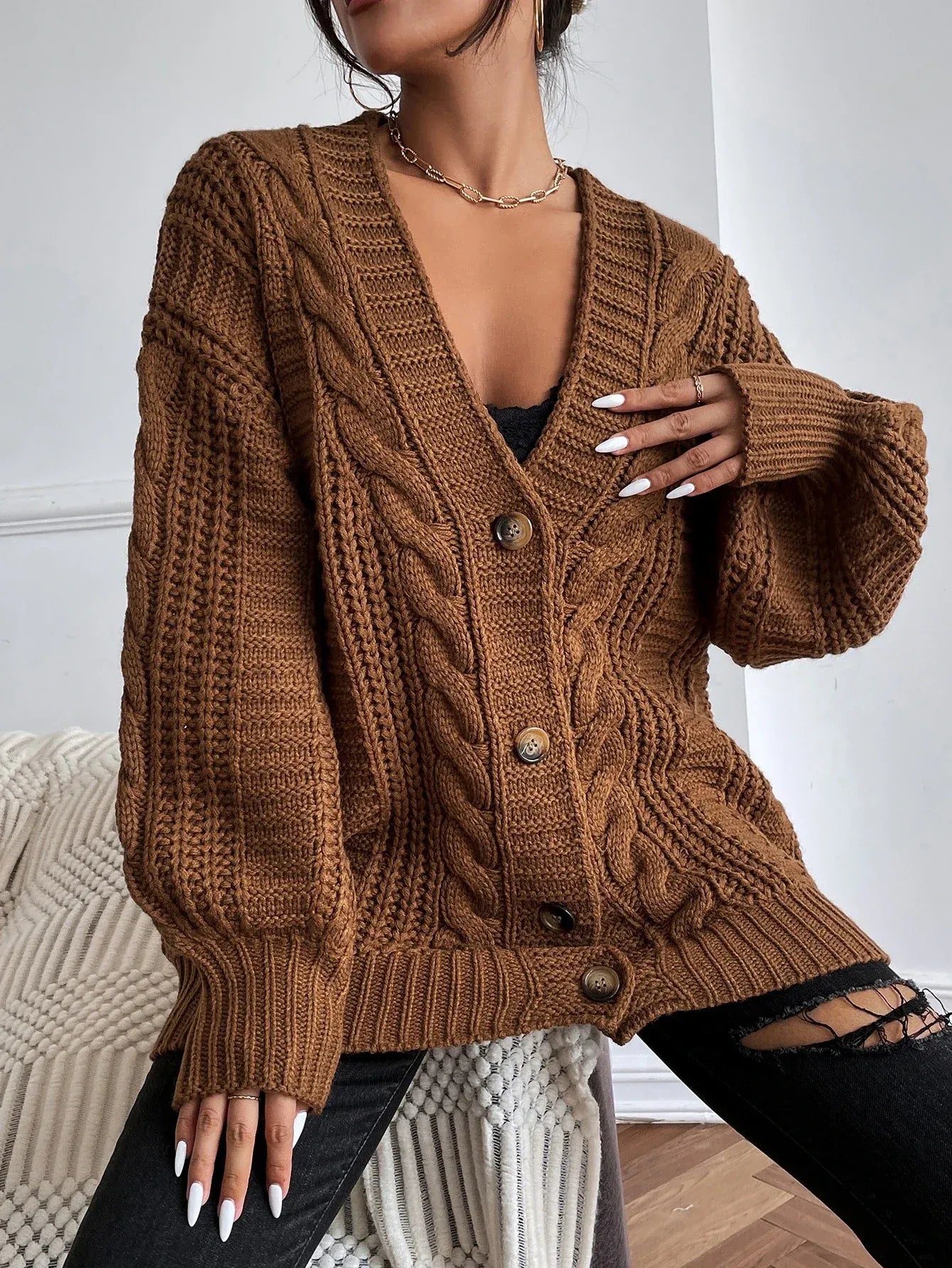 Lucía – Damen Zopfstrick Strickjacke Mit Knopfleiste