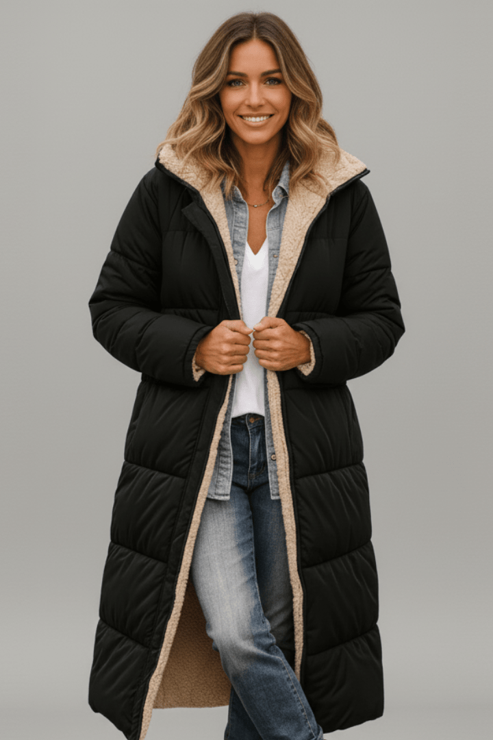 Eleganter Damenmantel mit Kapuze aus Daunen - J&B - 1 - Annoboutique