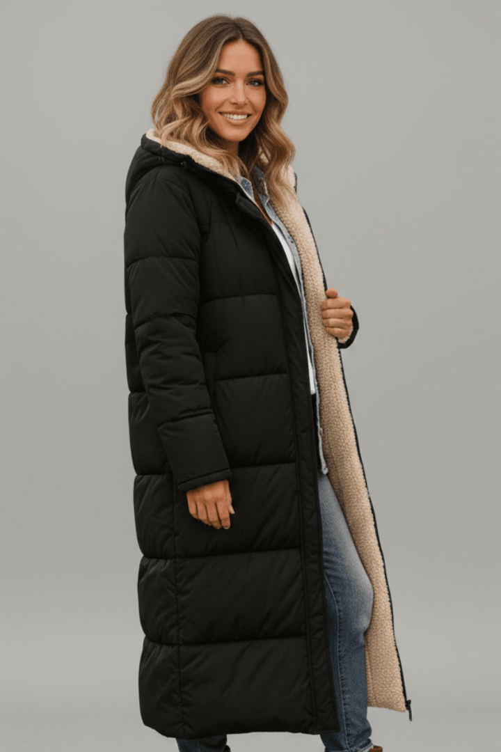 Eleganter Damenmantel mit Kapuze aus Daunen - J&B - 9 - Annoboutique