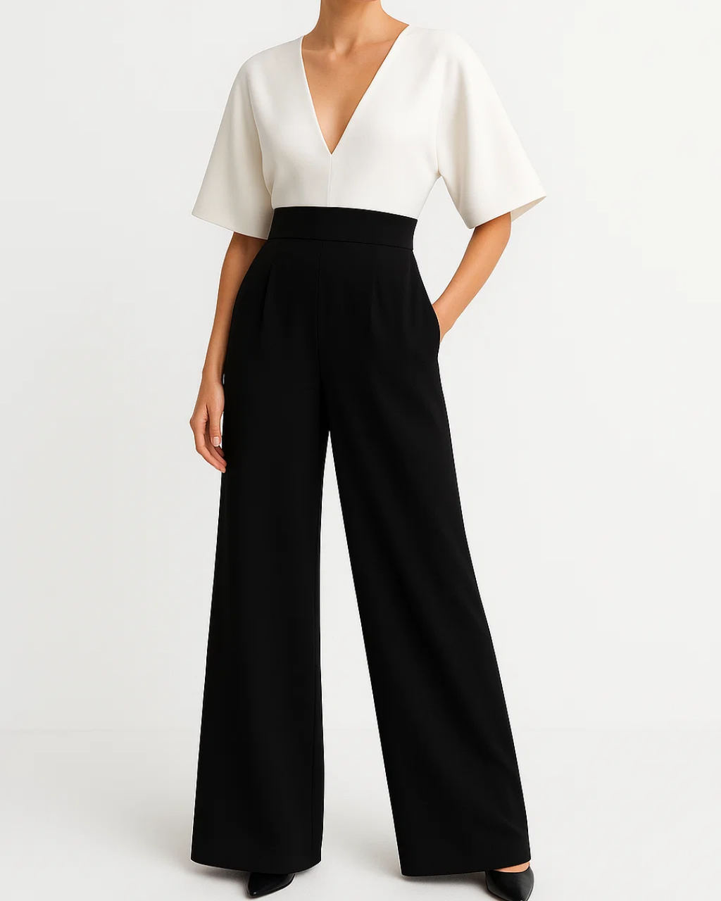 Clara – Damen Jumpsuit mit V-Ausschnitt und weitem Bein