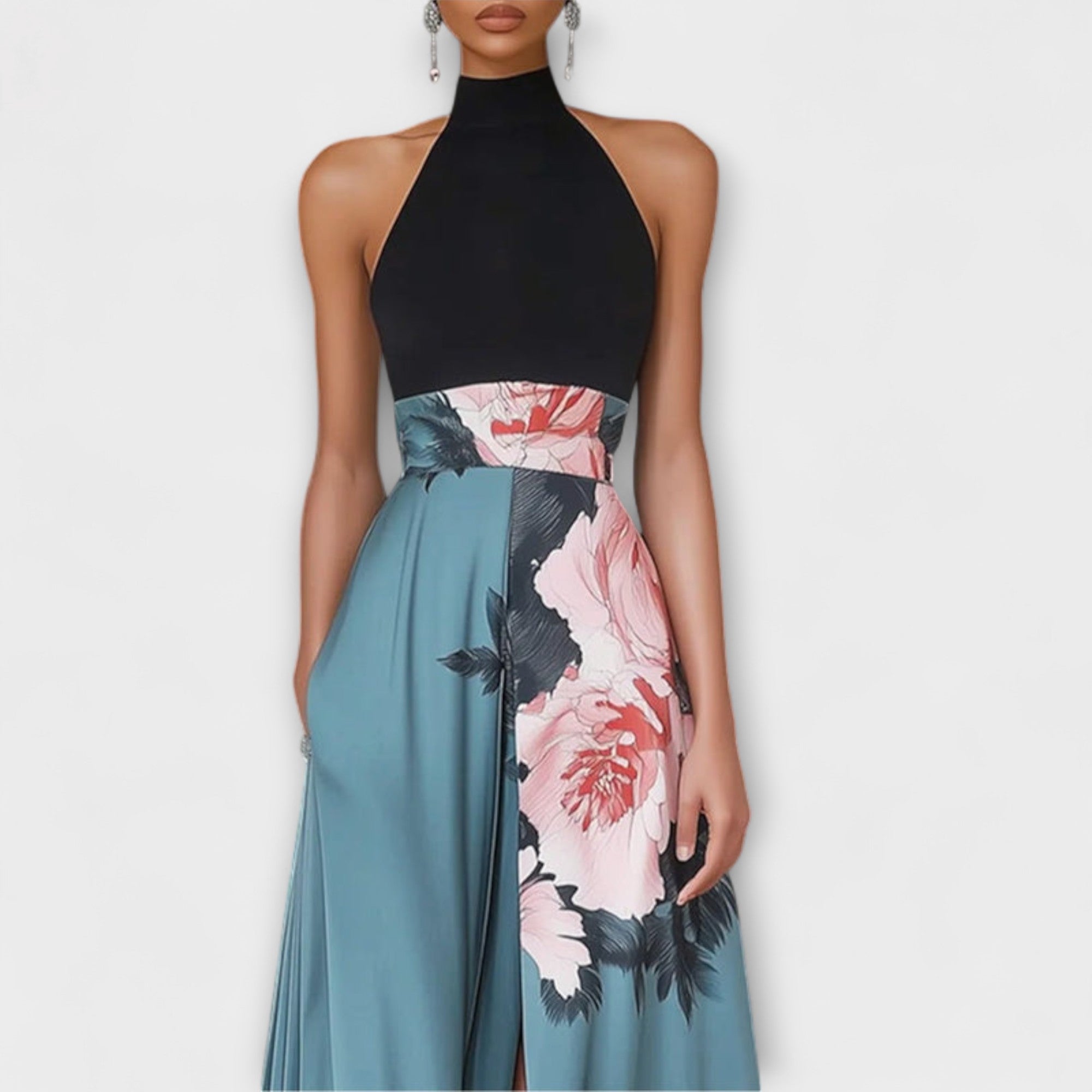 Clara – Abendkleid mit Blumendruck und Neckholder-Design