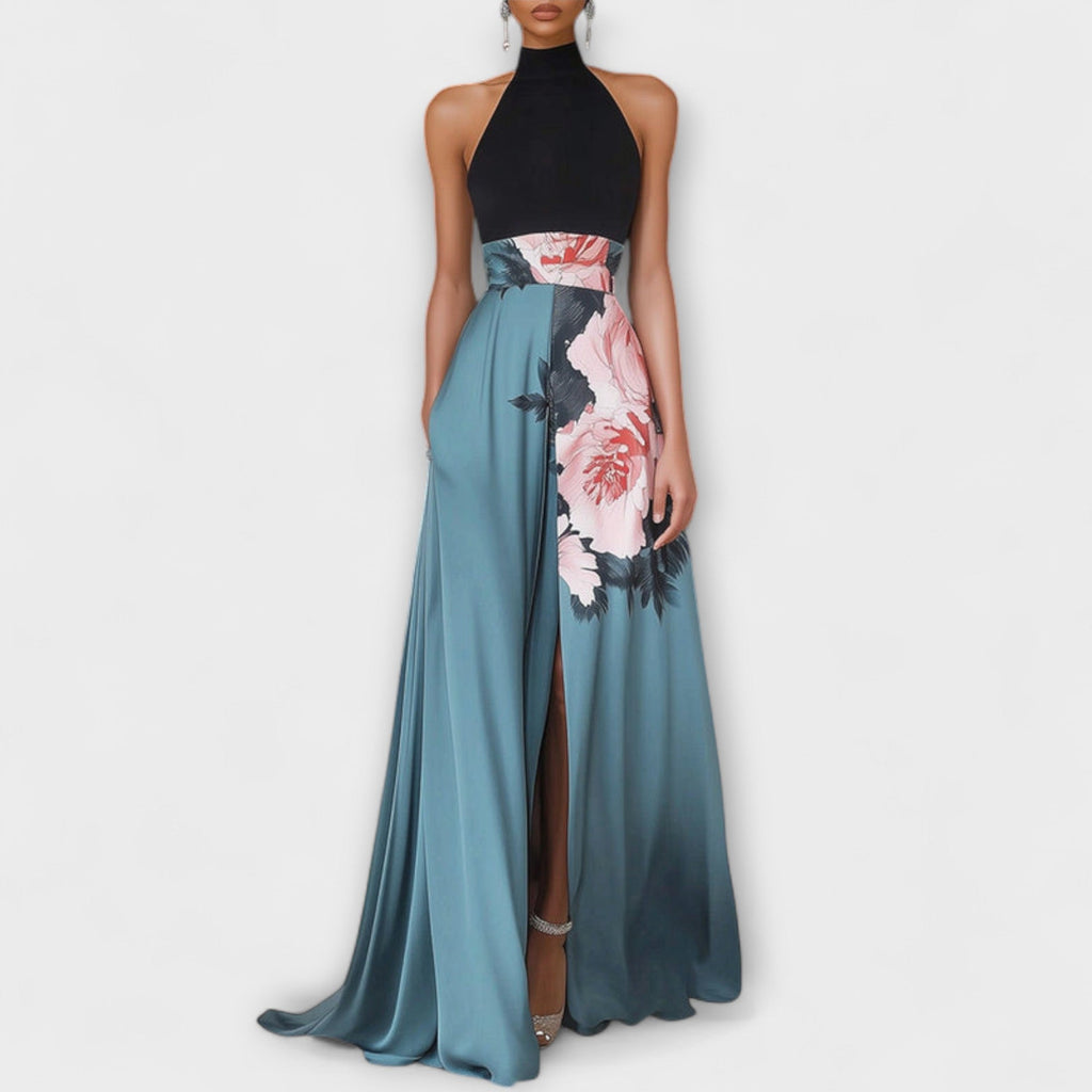 Clara – Abendkleid mit Blumendruck und Neckholder-Design