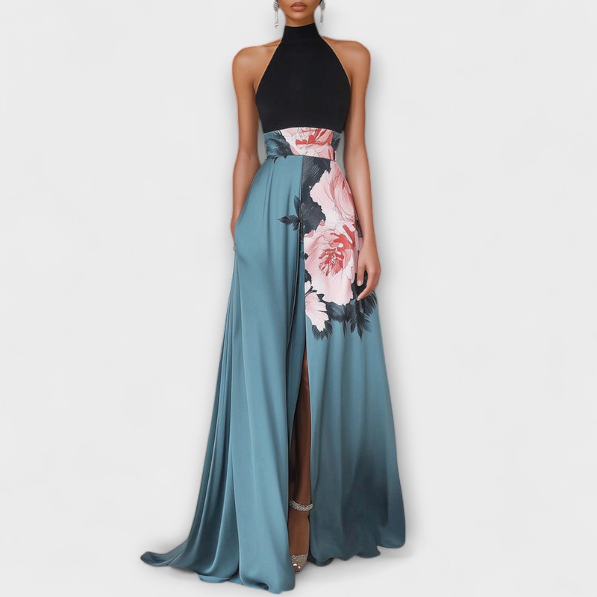 Clara – Abendkleid mit Blumendruck und Neckholder-Design