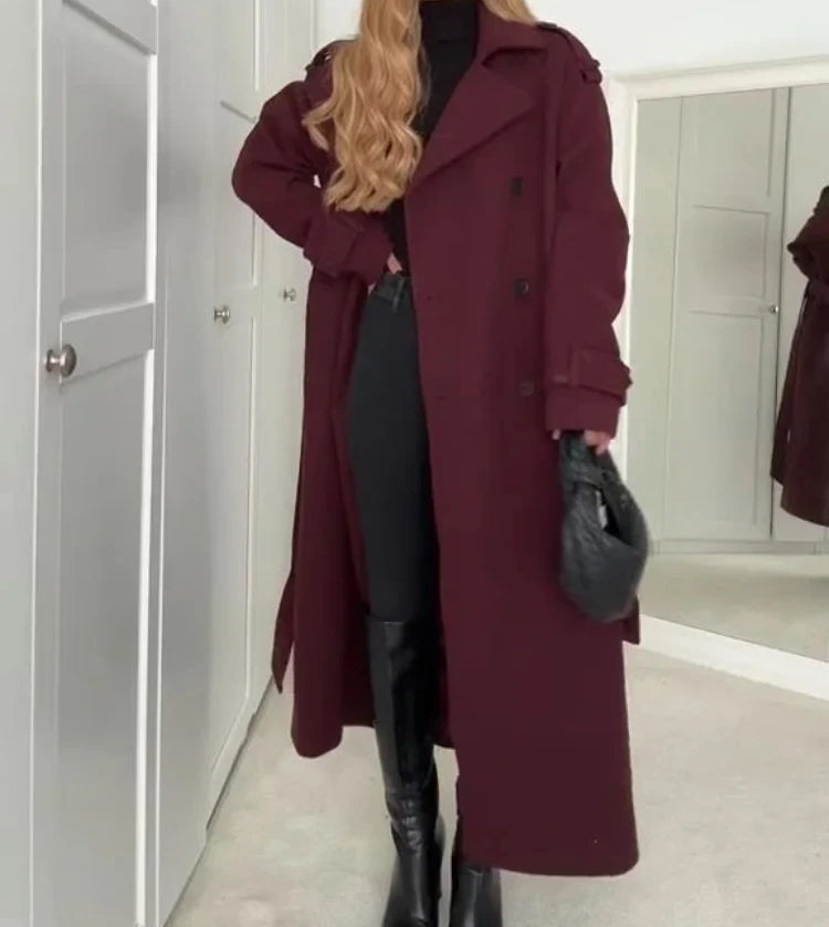 Valeria – Damen Trenchcoat in Bordeaux mit Bindegürtel