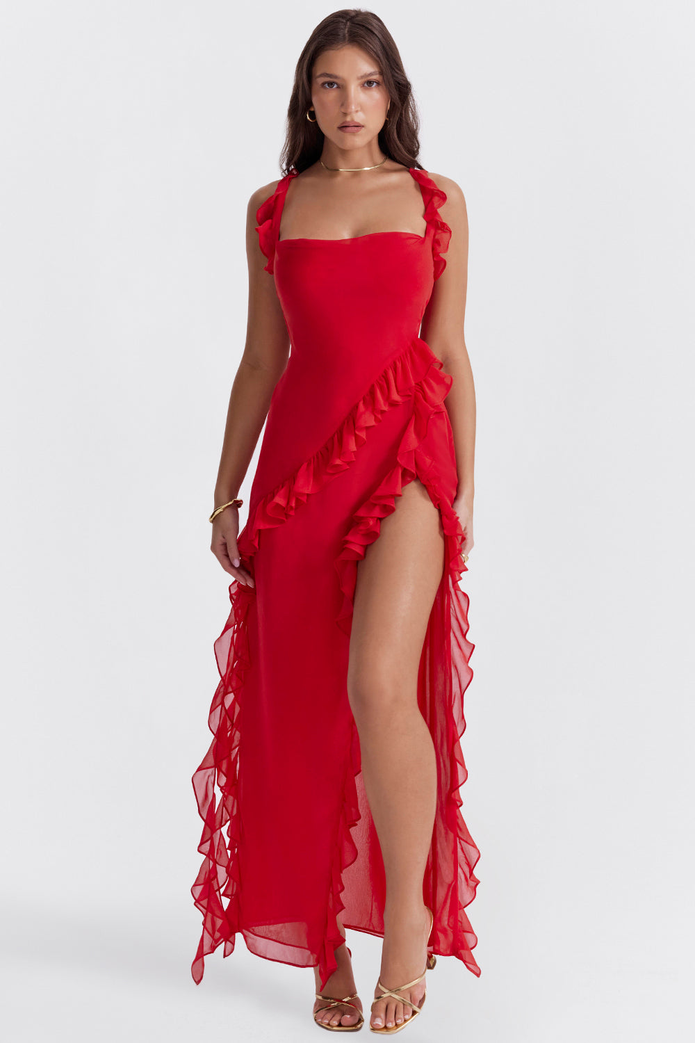 Livia – Damen Rüschen Maxikleid mit Spaghettiträgern und asymmetrischem Schlitz