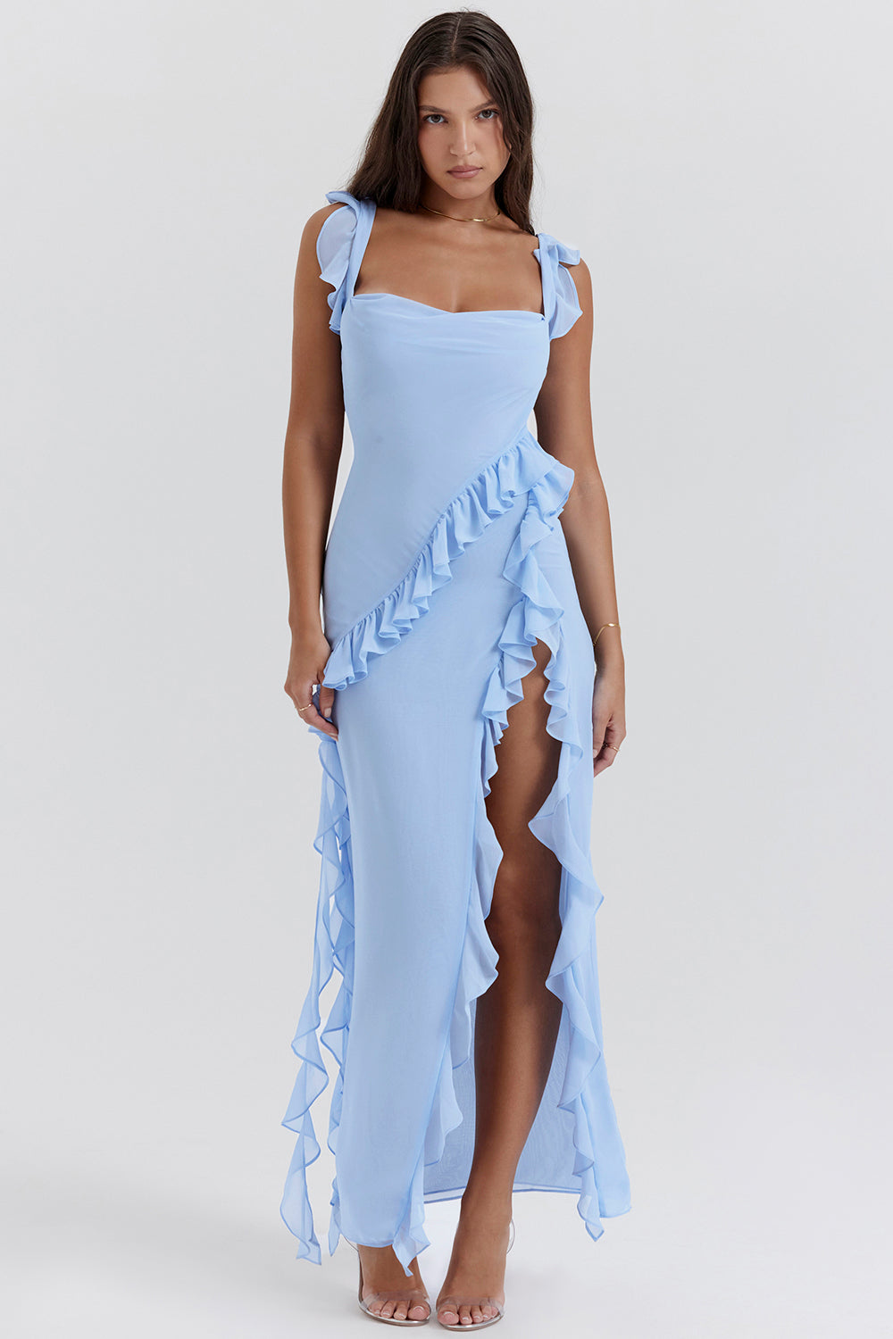 Livia – Damen Rüschen Maxikleid mit Spaghettiträgern und asymmetrischem Schlitz