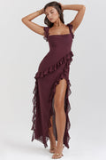 Livia – Damen Rüschen Maxikleid mit Spaghettiträgern und asymmetrischem Schlitz