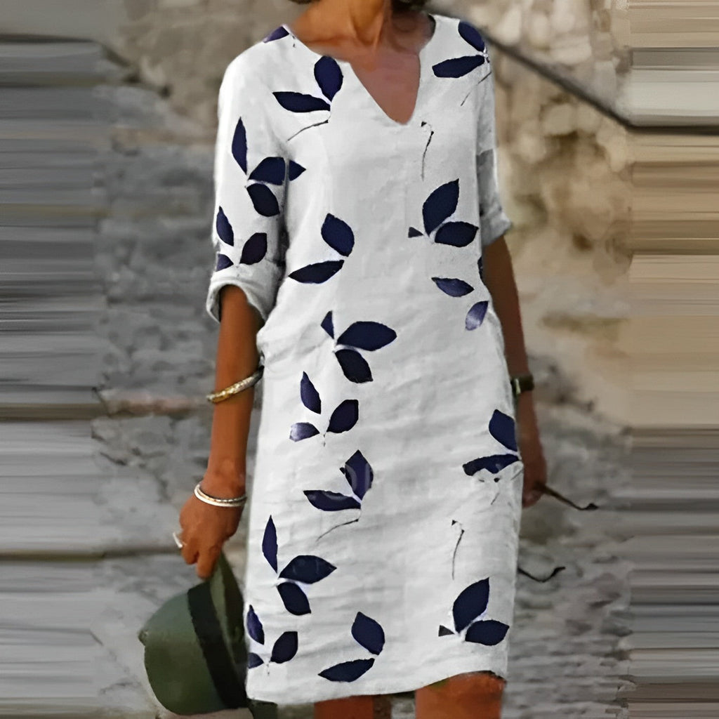Eva – Damen Kleid mit Blattmuster und V-Ausschnitt