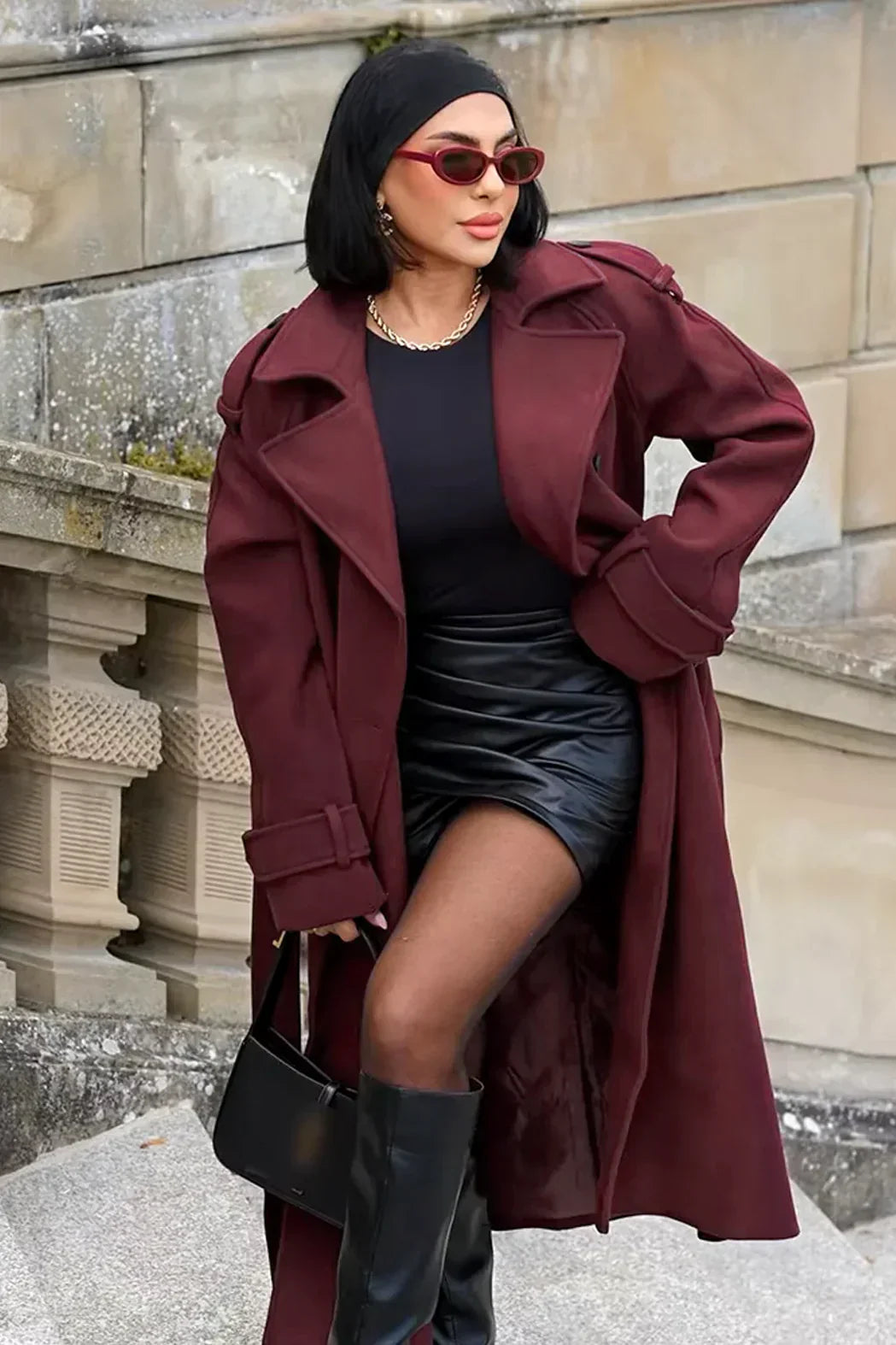 Aurelia - Damen Mantel lang mit Bindegürtel und Reverskragen