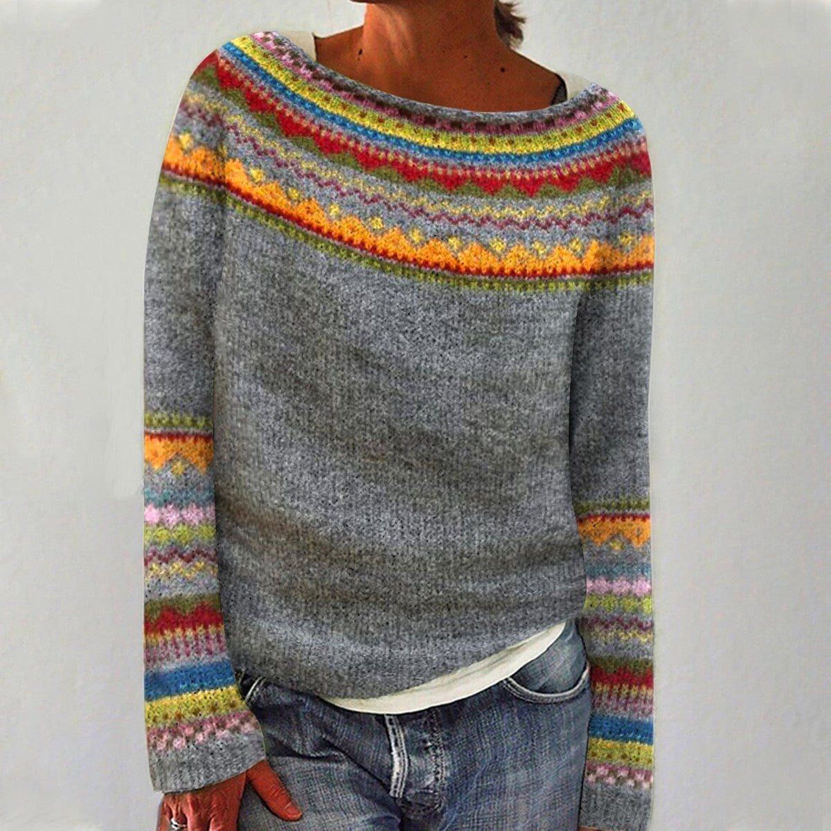 Ella – Gemusterter Damen Strickpullover mit Rundhalsausschnitt
