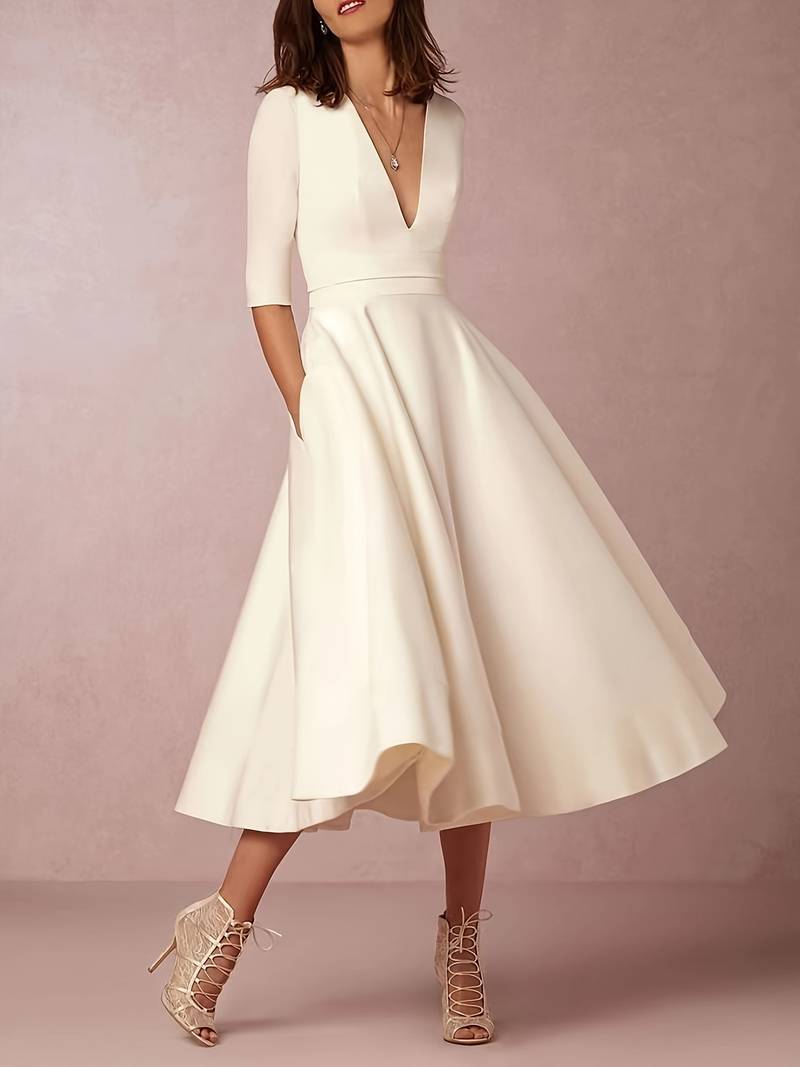 Hannah – Damen Midi Kleid mit V-Ausschnitt und ausgestelltem Rock