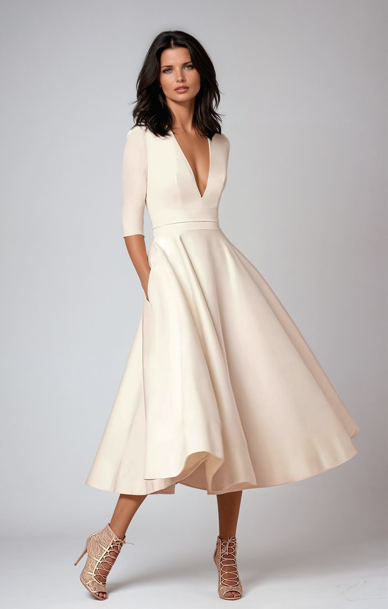 Elena – Feminines Fließendes Damen Midikleid mit V-Ausschnitt
