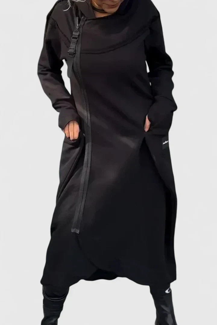 Zara – Modern Asymmetrical Hooded Midi Dress for Women