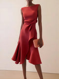Alicia - Rotes ärmelloses Midikleid mit gerüschten Ärmeln