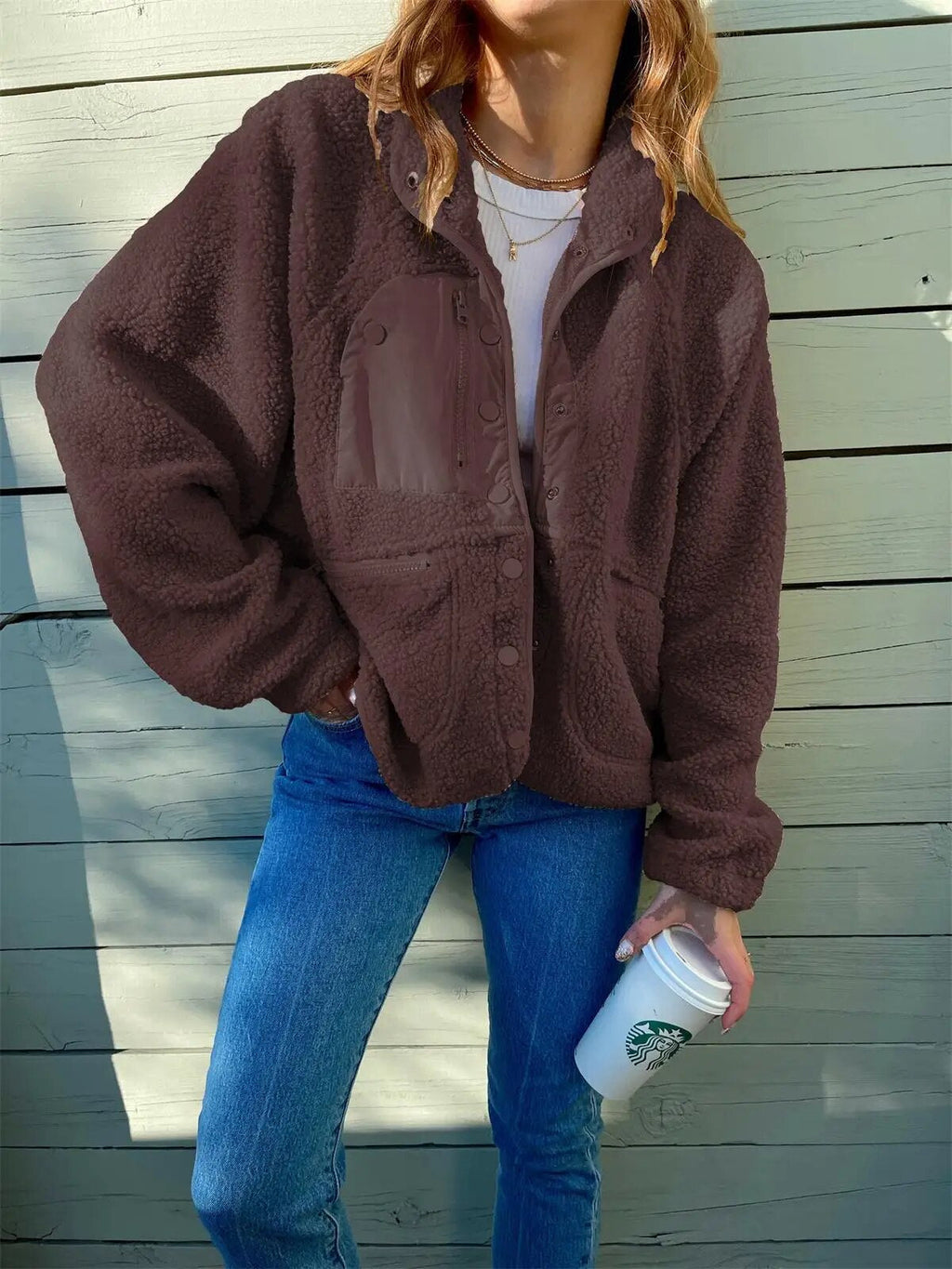 Elin - Damen Teddyjacke mit Knopfleiste und Brusttaschen