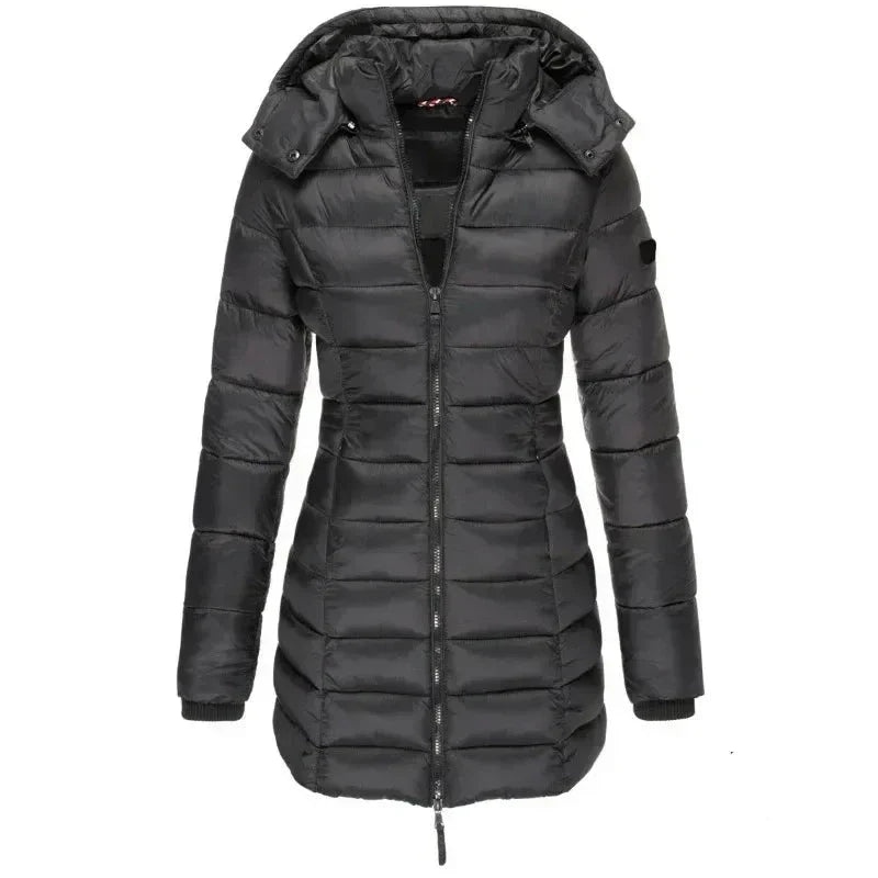 Damenlange Daunenjacke mit Kapuze und durchgehendem Reißverschluss - J&B - 5 - Annoboutique