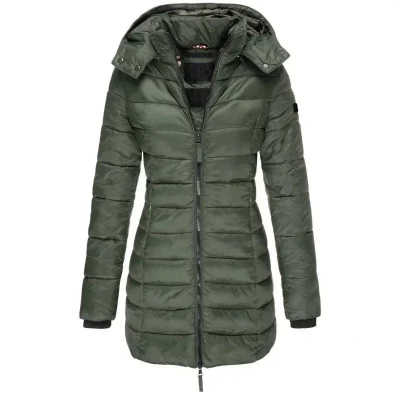 Damenlange Daunenjacke mit Kapuze und durchgehendem Reißverschluss - J&B - 7 - Annoboutique