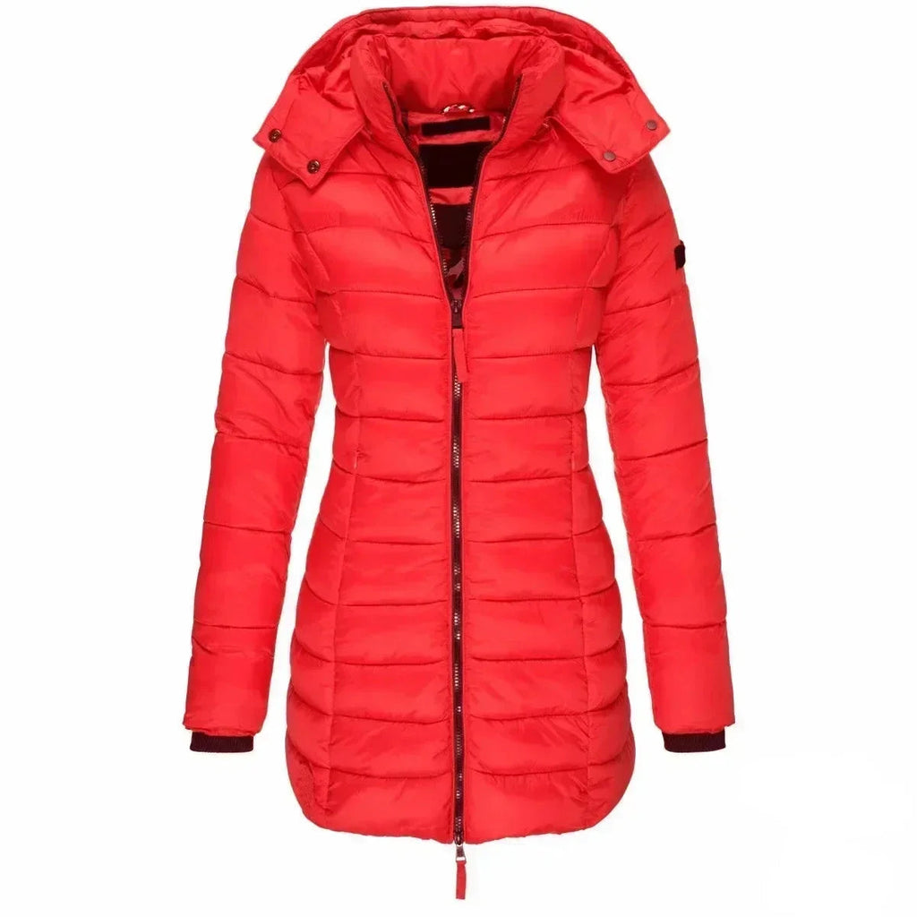 Damenlange Daunenjacke mit Kapuze und durchgehendem Reißverschluss - J&B - 8 - Annoboutique