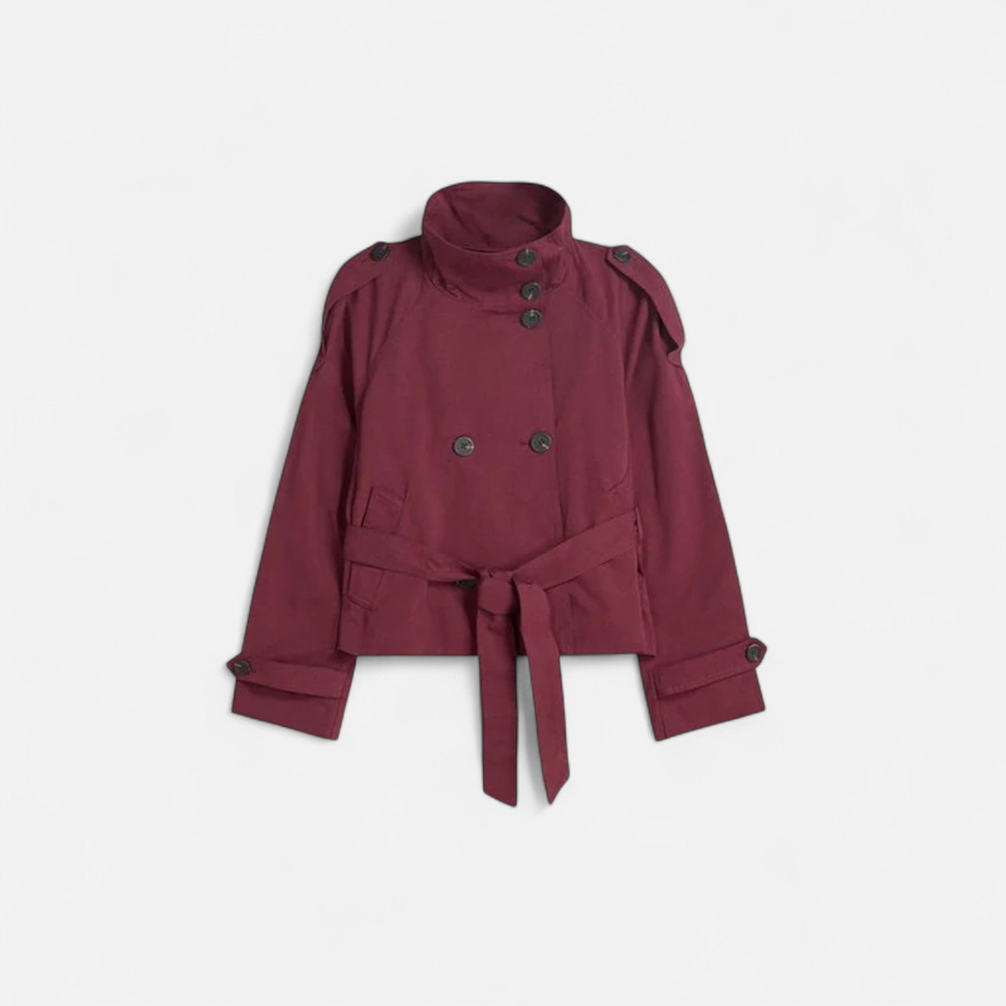 Clara – Elegante Damen Kurzjacke mit Stehkragen und Bindegürtel