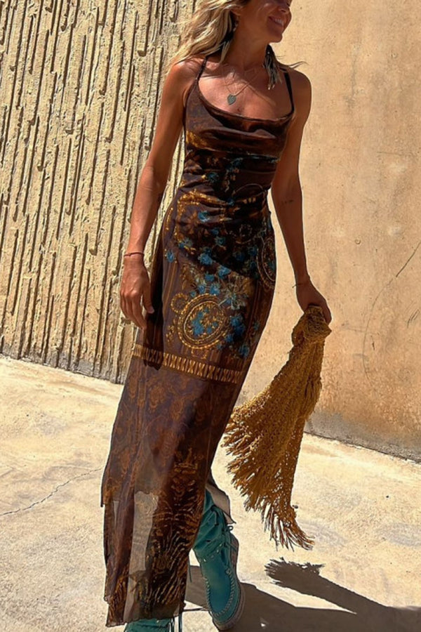 Mara – Damen Boho Maxikleid mit schmalen Trägern und Ethno-Muster