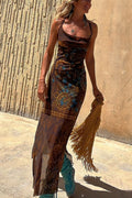 Mara – Damen Boho Maxikleid mit schmalen Trägern und Ethno-Muster