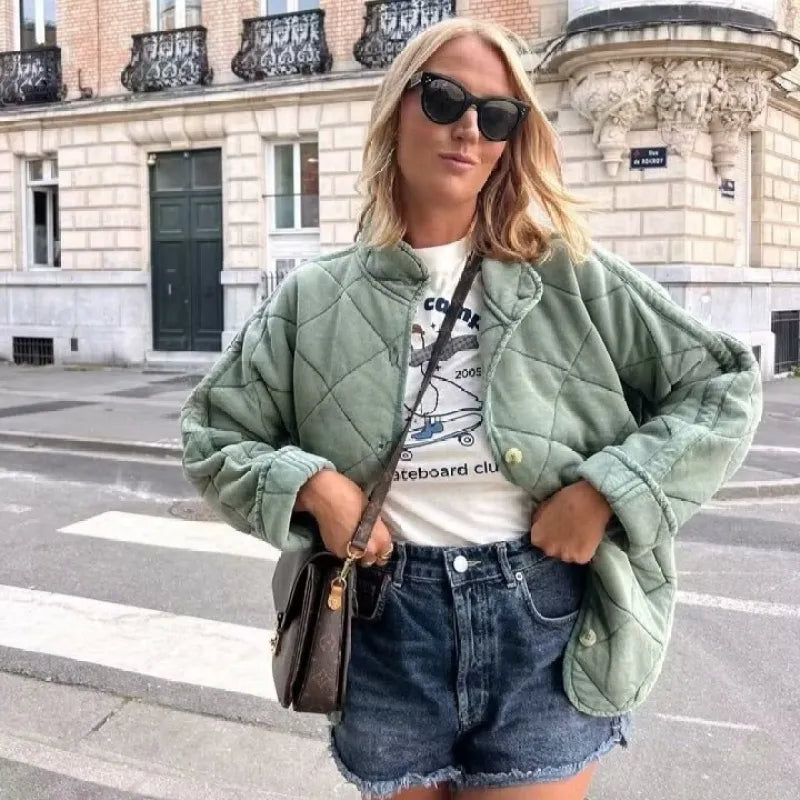 Orvella - Damen baumwolle Steppjacke mit Stehkragen Knopfleiste