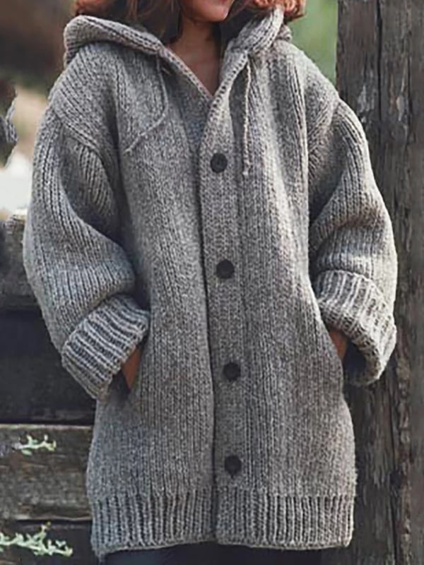 Clara - Strick-Cardigan Wolle Damen mit Kapuze langarm Knopfleiste Winter