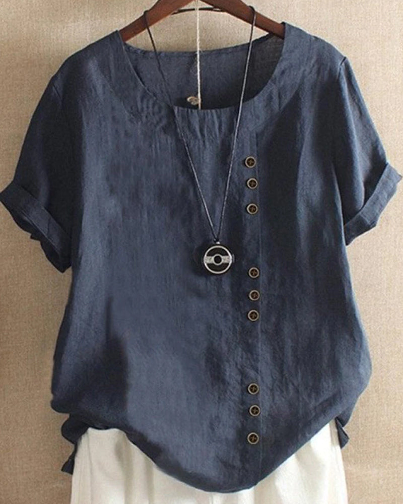 Lina – Damen Kurzarm Leinenbluse mit Knopfleiste und Rundhalsausschnitt