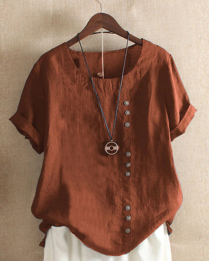 Lina – Damen Kurzarm Leinenbluse mit Knopfleiste und Rundhalsausschnitt
