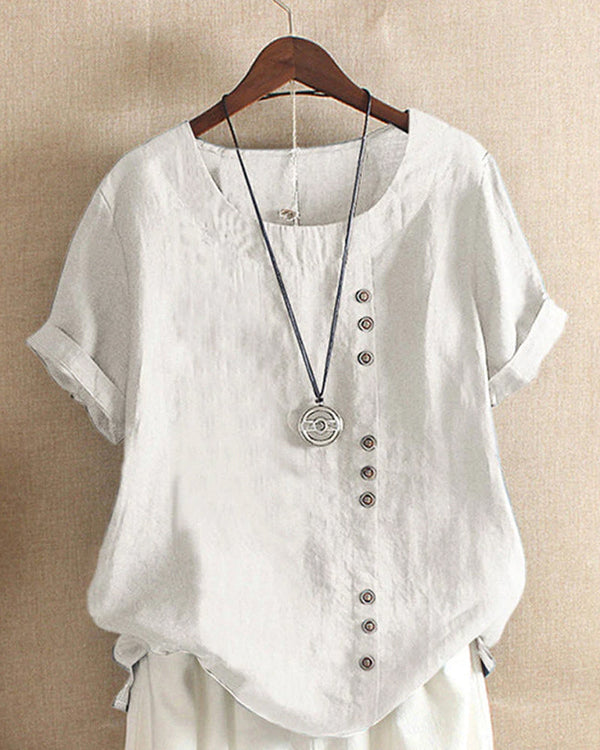 Lina – Damen Kurzarm Leinenbluse mit Knopfleiste und Rundhalsausschnitt