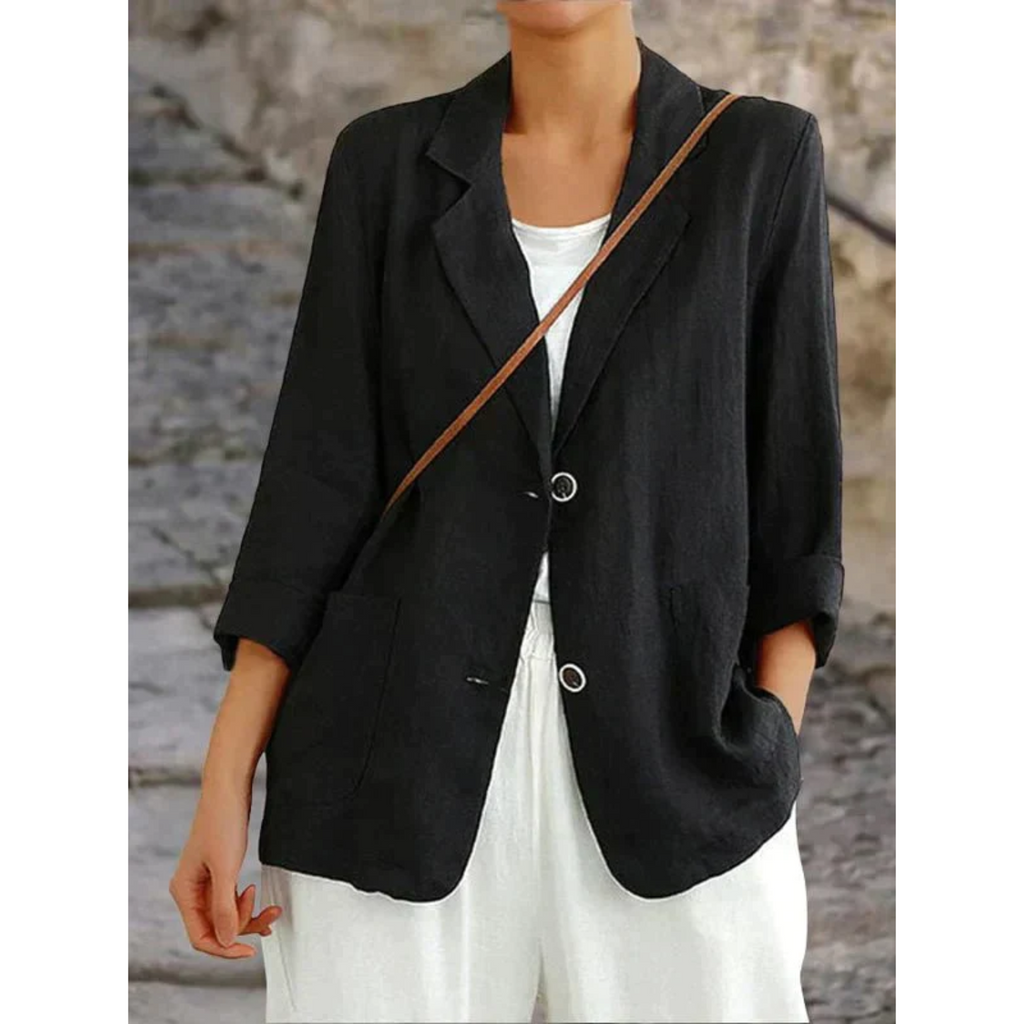 Esmée | Linnen dames blazer in de kleur Blauw voor dames in Beach stijl geschikt voor alle seizoenen.