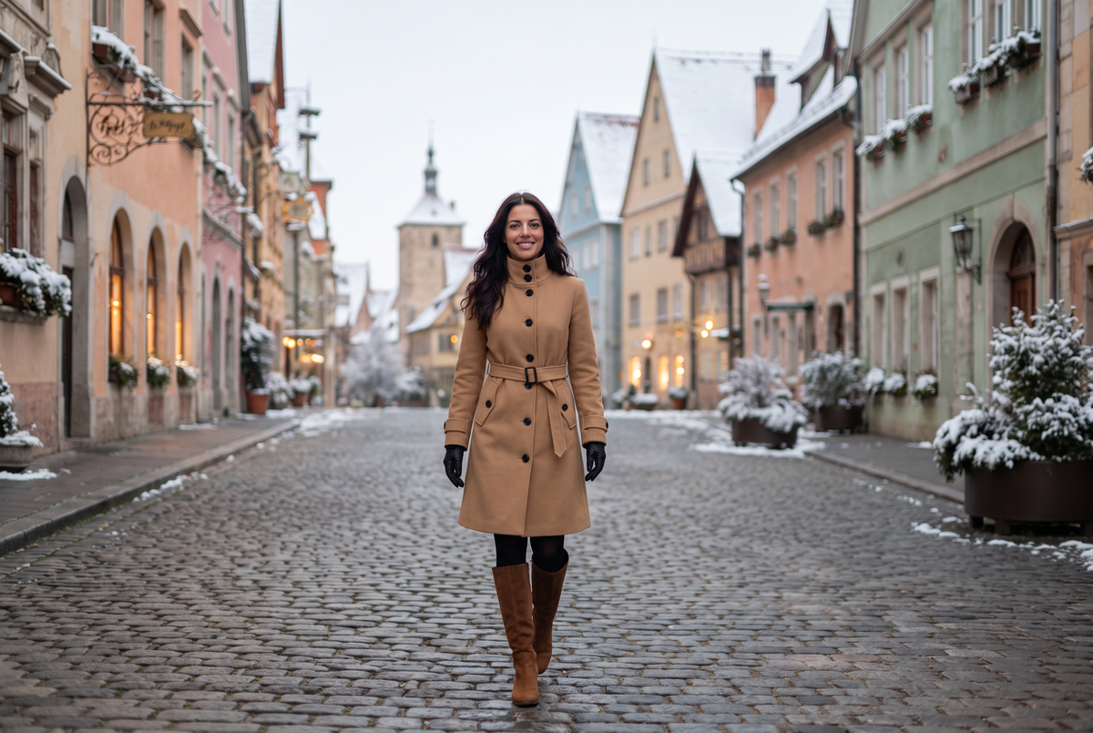 Frau im kamelfarbenen Wintermantel mit Gürtel in einer verschneiten Altstadtgasse