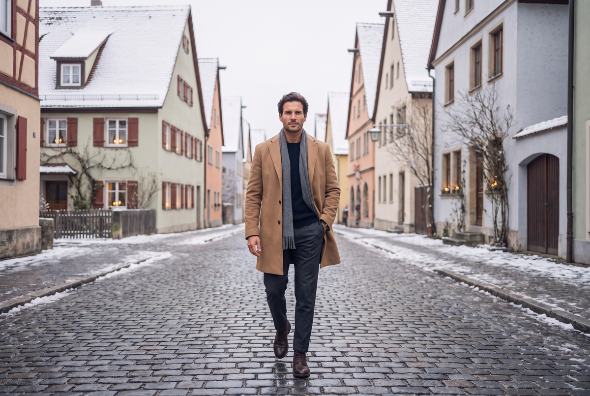Mann im kamelfarbenen Wollmantel mit Schal in einer verschneiten Altstadtgasse