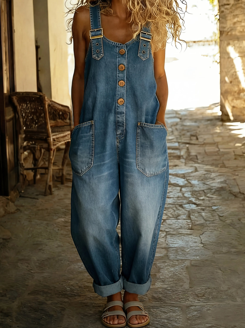 Mila – Damen Lässiger Träger Jumpsuit mit Knopfleiste