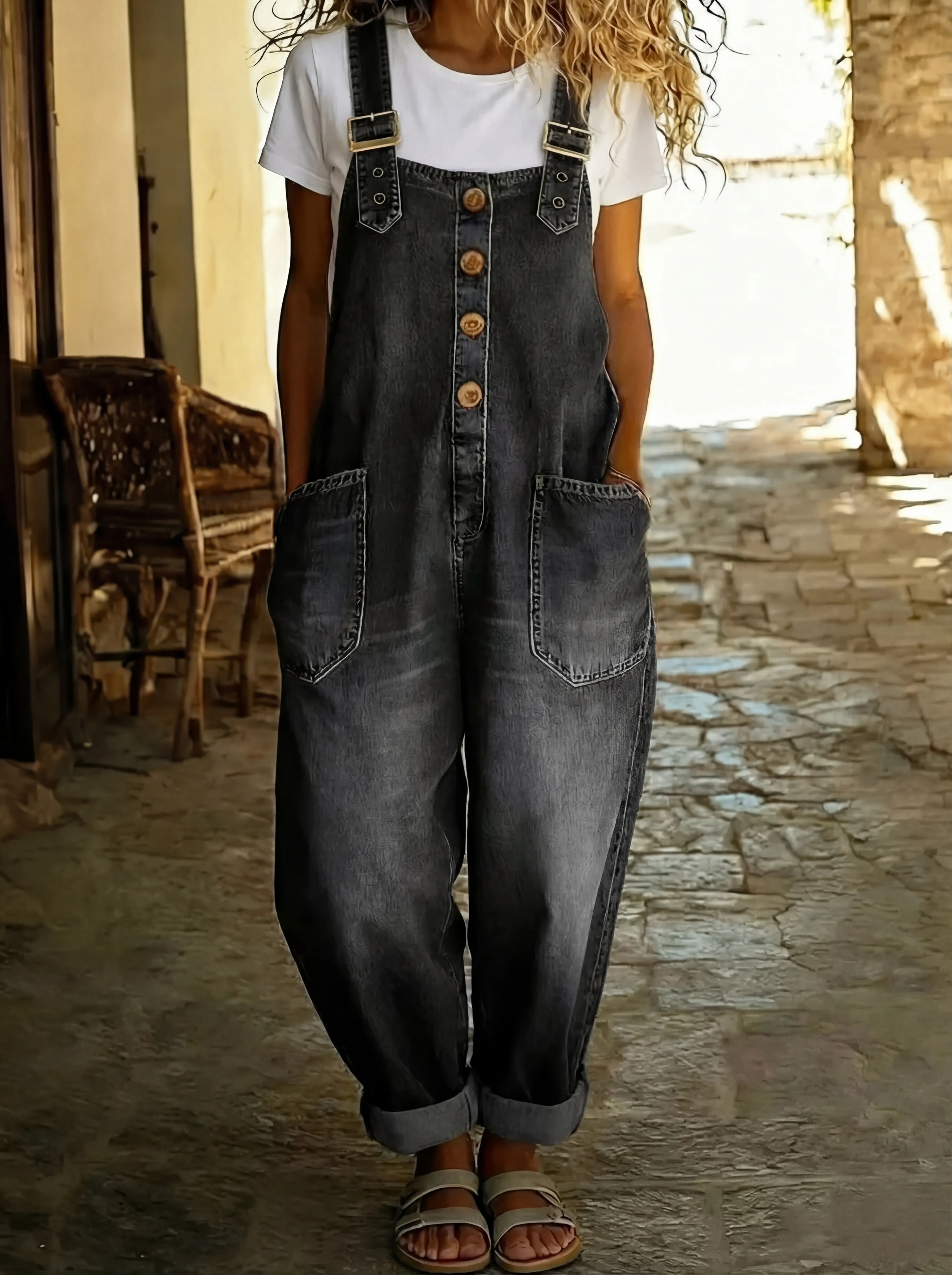 Mila – Damen Lässiger Träger Jumpsuit mit Knopfleiste