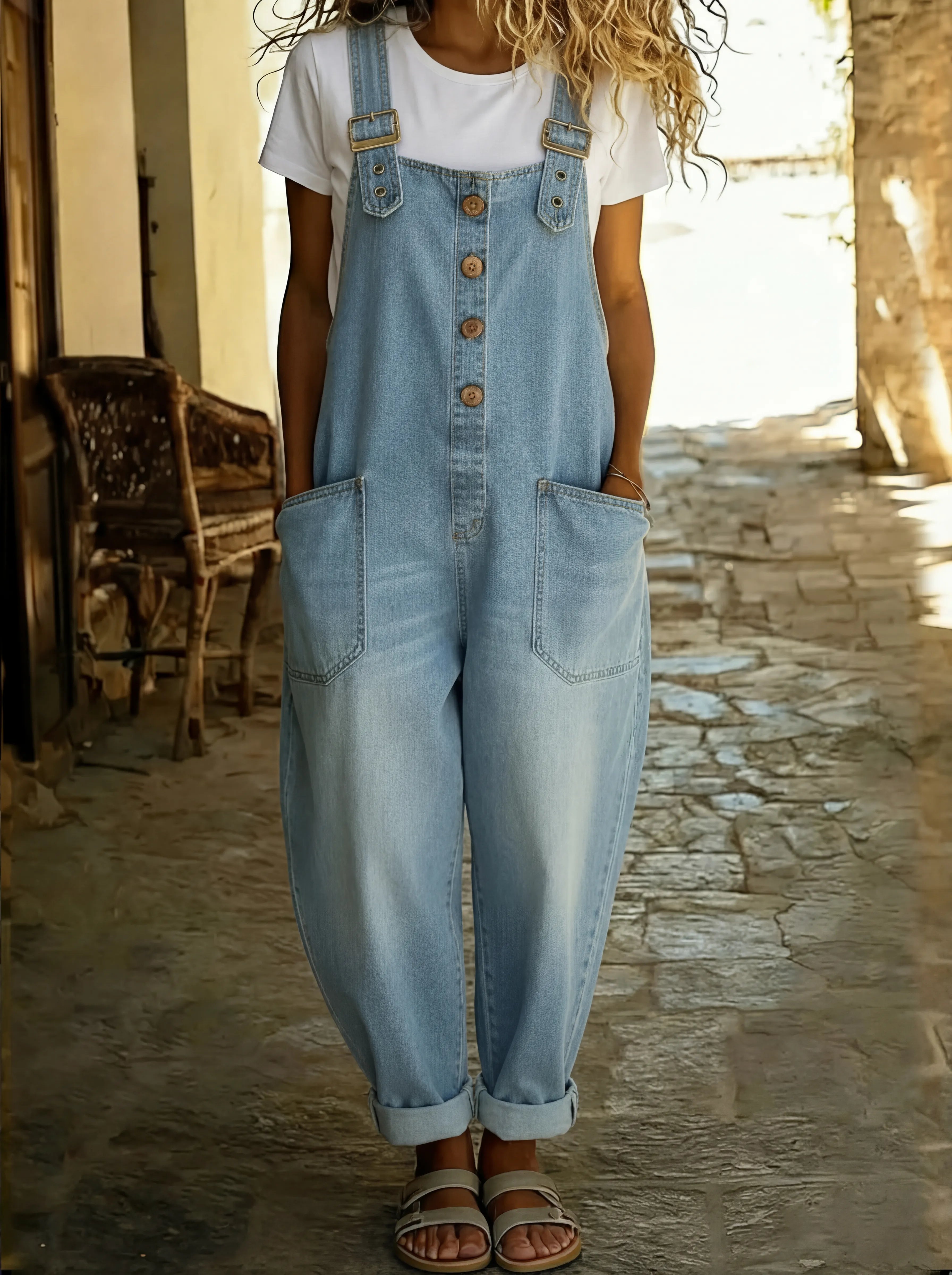 Mila – Damen Lässiger Träger Jumpsuit mit Knopfleiste