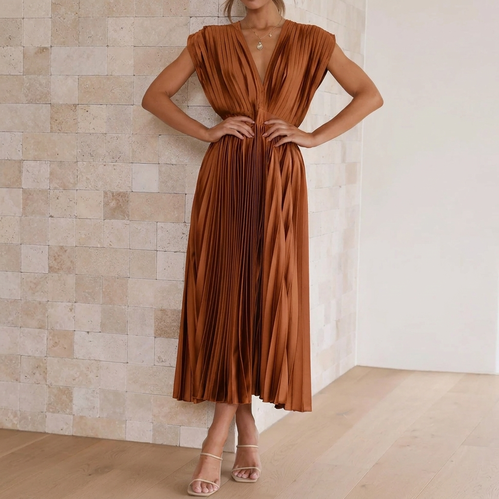Leonie – Plissiertes Maxikleid mit V-Ausschnitt
