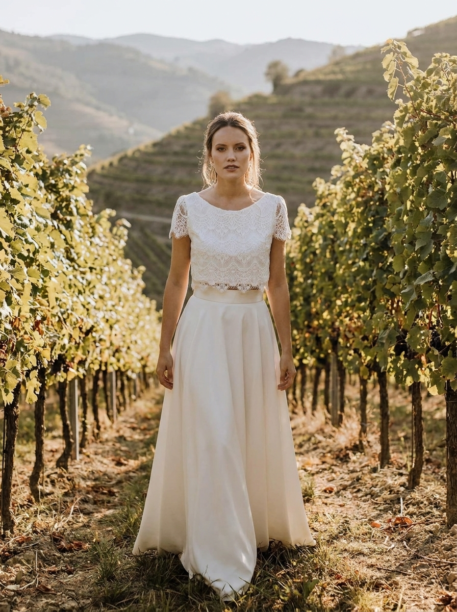 Brautkleid für die Weinberghochzeit, leichter Zweiteiler mit Spitze – Ansicht 1