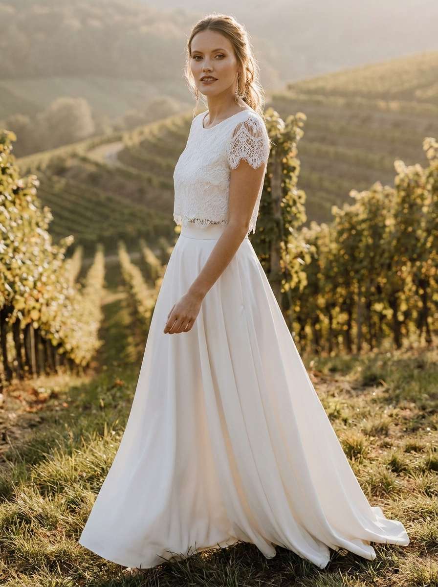 Brautkleid für die Weinberghochzeit, leichter Zweiteiler mit Spitze – Ansicht 2