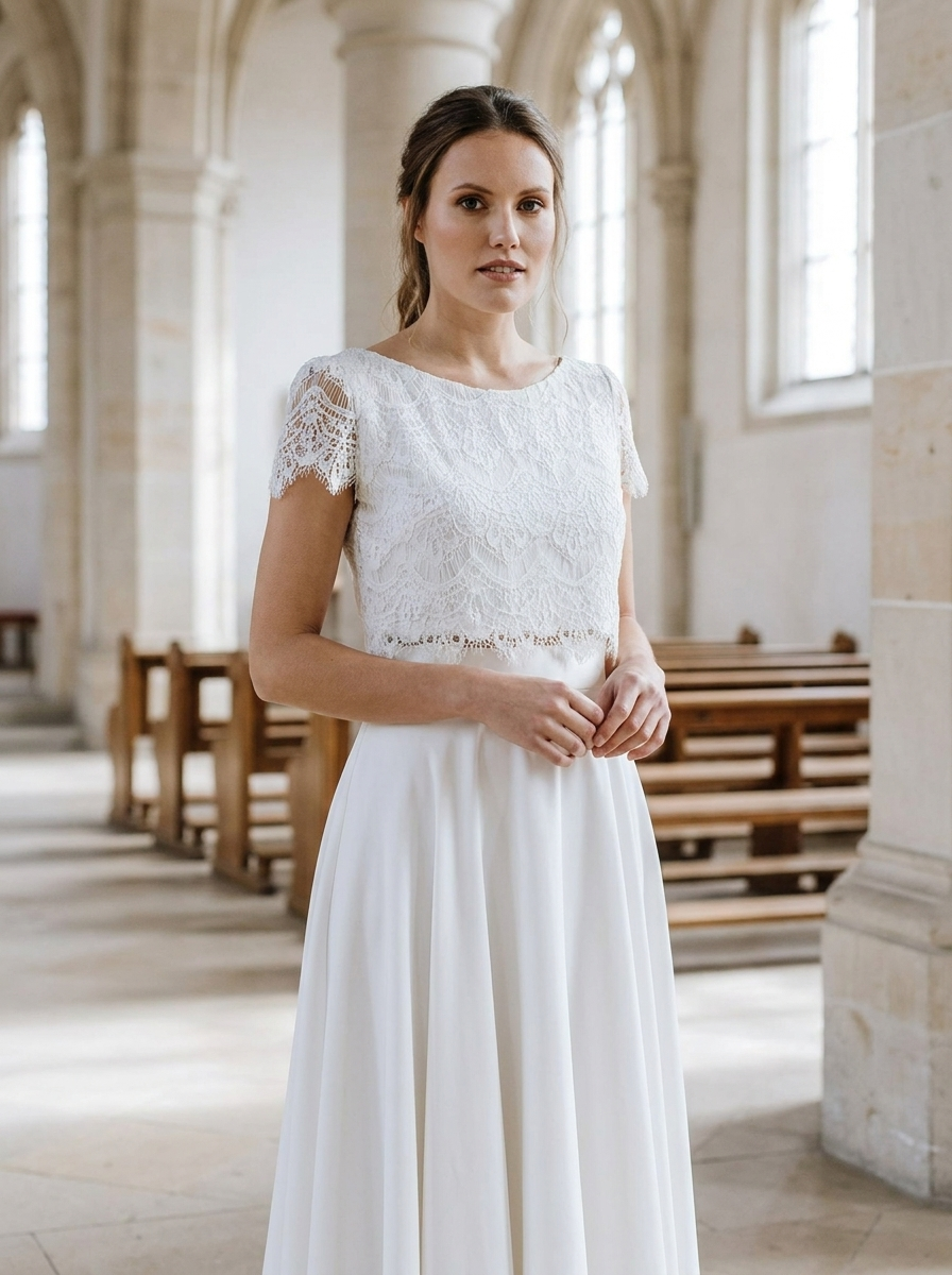 Brautkleid für die kirchliche Trauung, Zweiteiler mit Spitzenoberteil – Ansicht 4